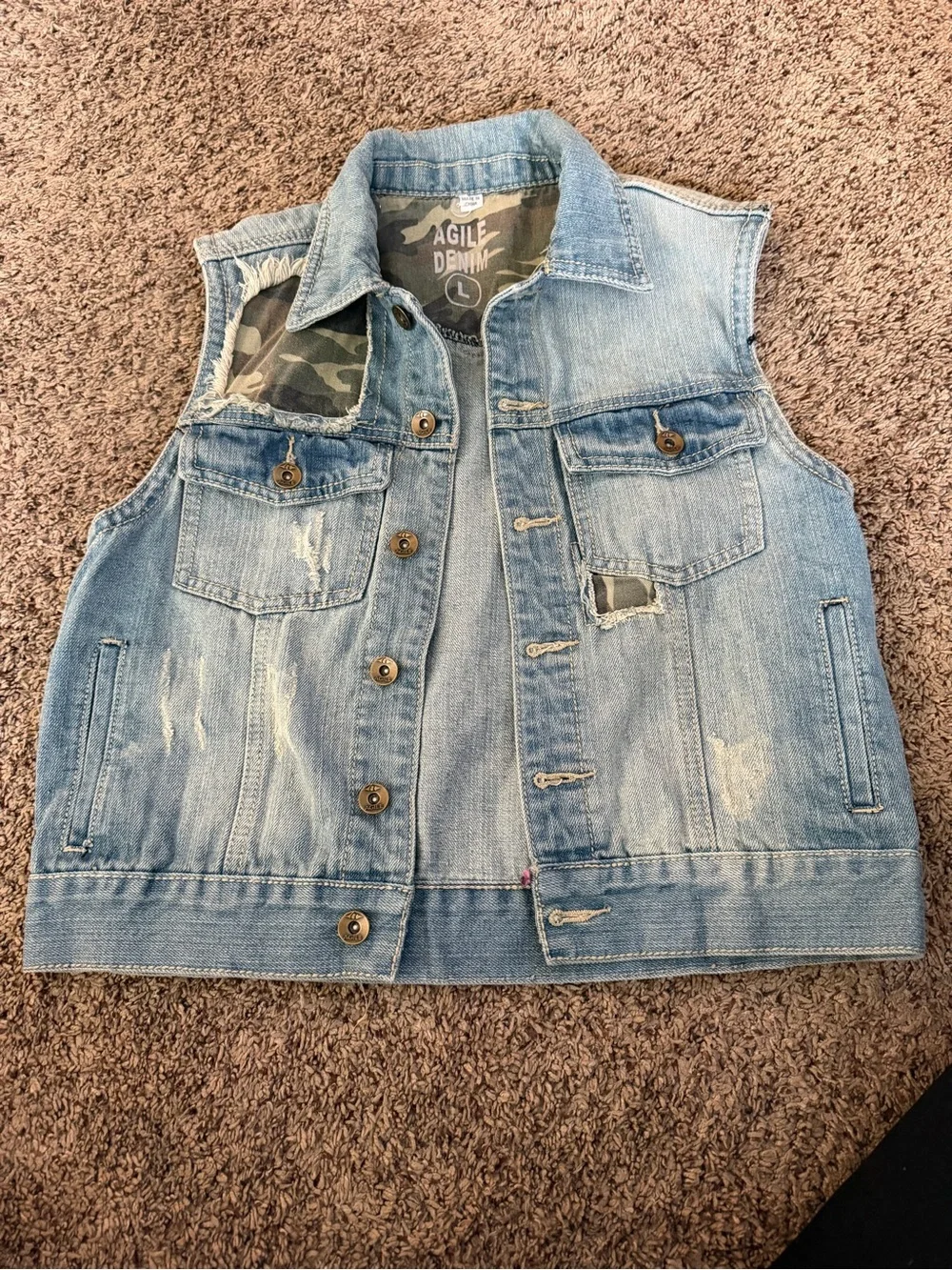 Distressed Light Blue Womens Denim Vest With Camo